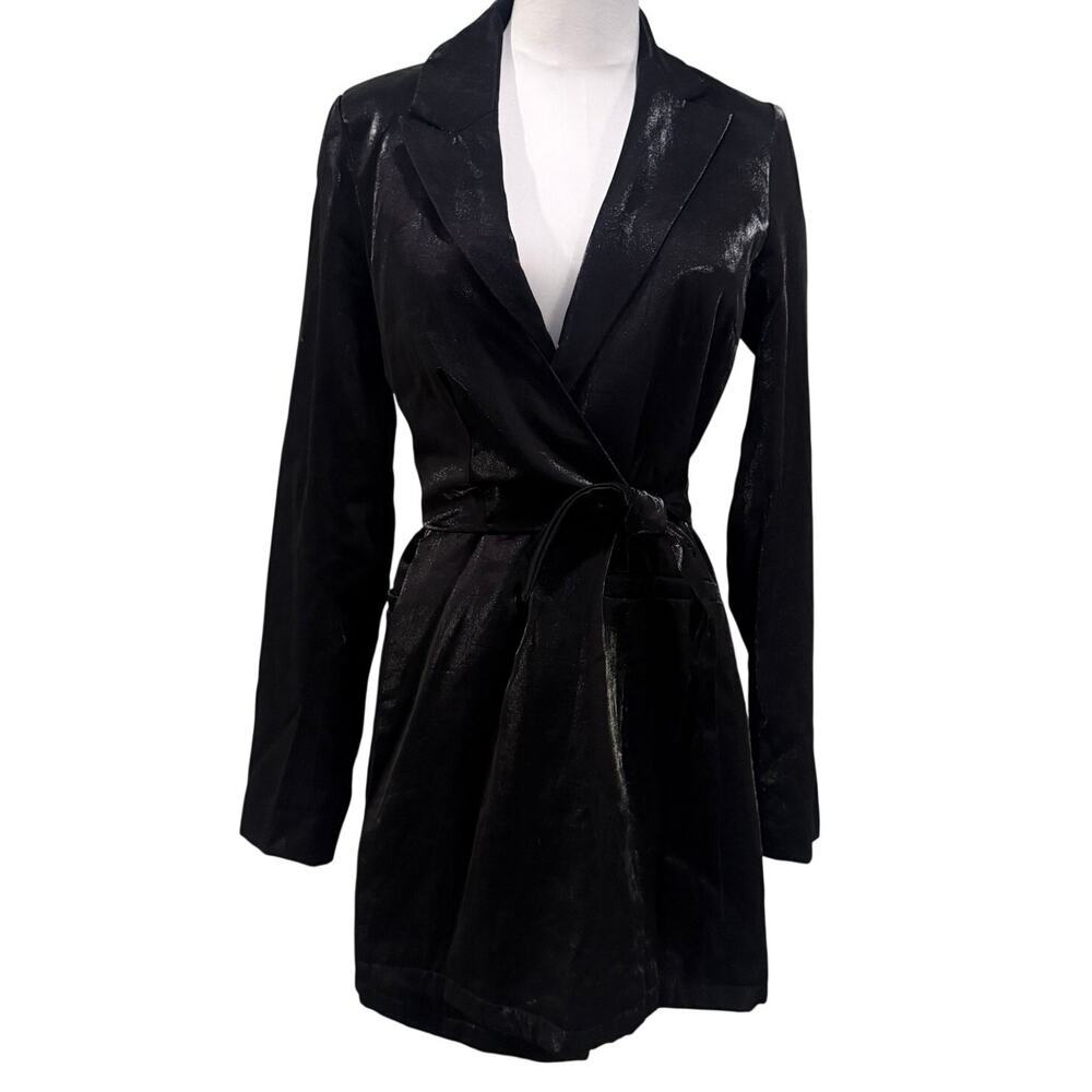 Nasty Gal Black Sheen Blazer Mini Dress Wrap Tie Long Sleeve 6 Cocktail Party